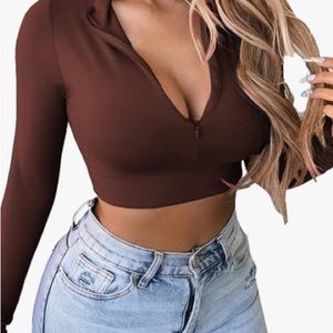 Long Sleeve Quarter Zip Crop Tops Fleece Lined V Neck Fitted Sexy Cropped